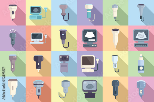 Sonograph icons set flat vector. Clinic device. Doctor diagnosis