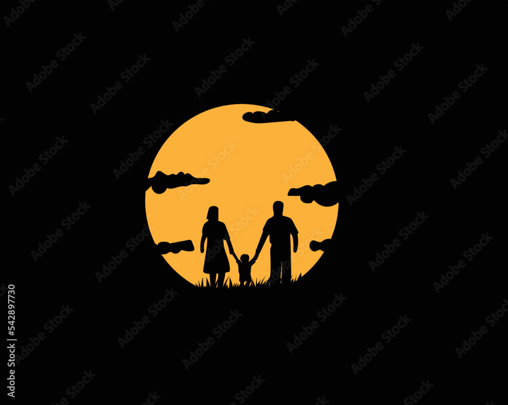 vector silhouette of a father mother and son walking towards the sunset in the afternoon