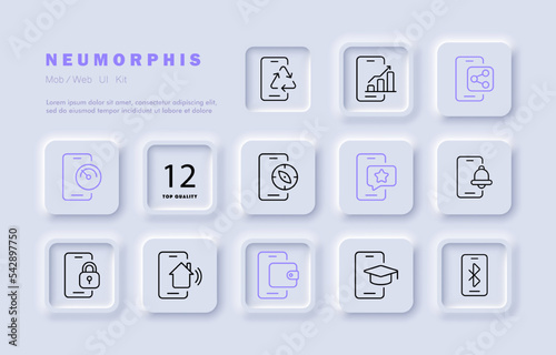 Phone apps set icon. Online education, distance learning, smart house, wallet, lock, banking, security, bell, speedtest, compass, communication, star. Technology concept. Neomorphism style