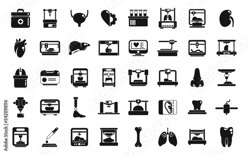 Bioprinting icons set simple vector. Anatomy bioprinter. Bone cell