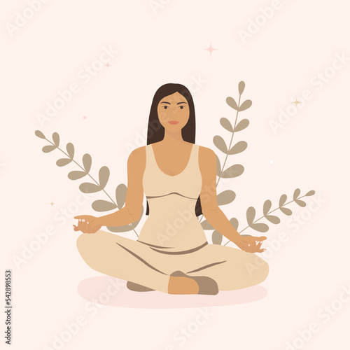 Yoga.Woman sitting in lotus pose.Concept illustration for yoga.Vector illustration in flat cartoon style.Woman meditating.Relax.Minimalistic vector illustration.Young woman meditating.
