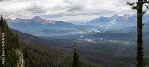 Panoramic shot of the Jasper townsite from and nearby campground in Jasper National Park, Canada photo