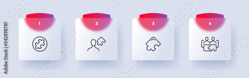 Puzzles set icon. Creative idea, solve problems, perform tasks, question mark, riddle, conundrum, jigsaw, pieces, teamwork, pair, philosophy, psychology, psychotherapy. Thinking concept. Glassmorphism