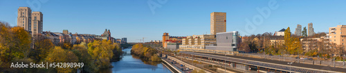 Panorama view over the canal Karlberkskanalen between the districts Kungsholmen and Vasastan, apartment and office building, train yard, a sunny autumn day in Stockholm © Hans Baath