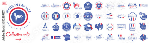 Collection of badge logotype "Made in France" with ribbon and flag on white background, For art template design, page, mockup brochure style, banner, idea, cover, booklet, print, flyer, book, card
