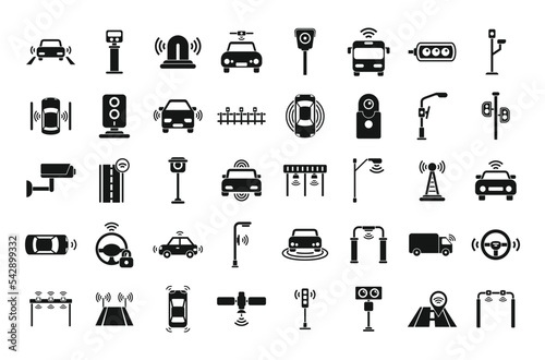 Road sensors icons set simple vector. Safety traffic. System control