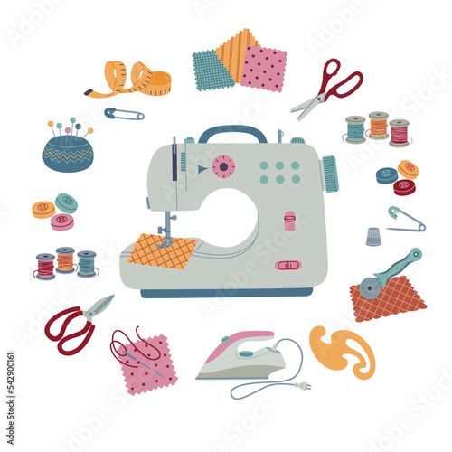 Set of different sewing accessories and appliances. Work tools for tailors, needlework and seamstress. Hand drawn color vector illustration isolated on white background. Modern flat cartoon style.