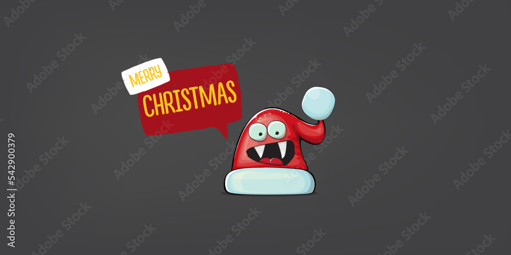 Vector cartoon Santa Claus red hat with smile face isolated on grey horizontal bannner background. Merry Christmas greeting banner with funny monster Santa Claus hat. Santa hat