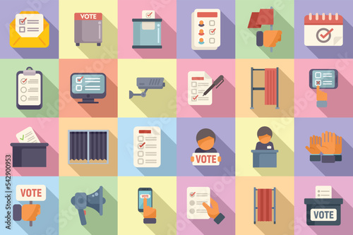 Polling booth icons set flat vector. Ballot box. Choice election photo