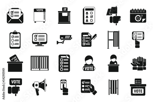 Polling booth icons set simple vector. Ballot box. Choice election