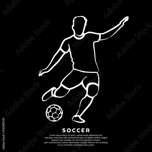 Line drawing footballer isolated on black background. Vector illustration
