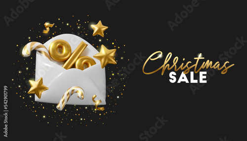 Christmas sale banner on black background. Vector 3d gold and white discount email. New Year shopping newsletter render illustration.