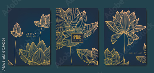 Vector japanese lotus, flower patterns. Floral golden elements template in vintage style. Luxury black line covers, flyers, brochures, packaging design, social media post, banners