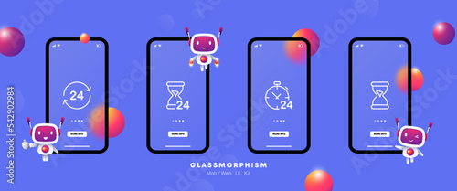 Clocks set icon. Hourglass, watch, stopwatch, timer, keep track of time, 24, around the clock, service, signboard, call centre, support, hotline. Time management. Glassmorphism. UI phone app screens