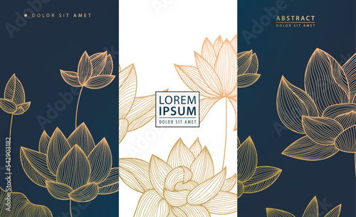 Set of vector design elements: labels, frames, wedding invitations, social net stories, packaging, luxury products, perfume, soap, wine. Line golden backgrounds, patterns with lotus flowers/
