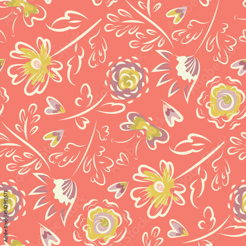 Surreal wild meadow flower. butterfly, heart seamless vector pattern background. Scattered flowers,butterflies,hearts tropical color backdrop.Bright painterly outline botanical floral design.