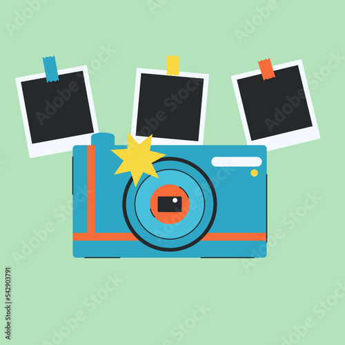 Vector photo camera and photo in the 1990s style. Retro gadget illustartion.