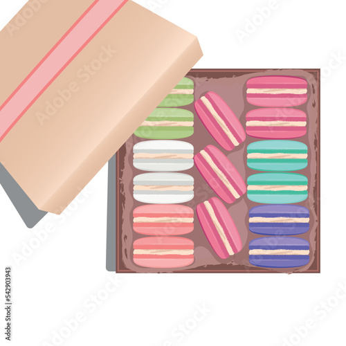 illustration in flat style of gift box with macaroons. sweet gift from macaroons of different colors