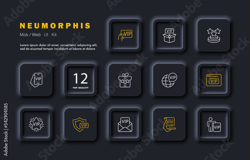 VIP status set icon. Place, badge, star, celebrity, box, phone, planet, reward, star, shield, letter, privilege, business class, privileged, dear, prize, gift. Society concept. Neomorphism style
