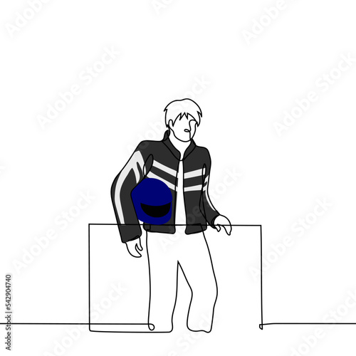 man stands in a driver's jacket with a motorcycle helmet in his hands - one line drawing vector. concept racing driver, biker