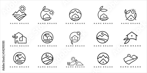 Landscape line art logo collection. Logo of house, mountain and leaves.