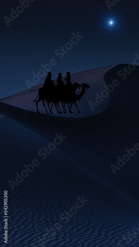 Three Wise Men, wise men in the desert, night with stars and pole star, Three wise men on their way to deliver gifts.