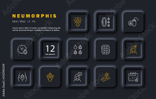 Period set icon. Blood, female, calendar, pad, heavy flow, time, clock, menstruation, tampon, painkiller, bad mood, antispasmodic, headache, migraine, hormones. Women health concept. Neomorphism style