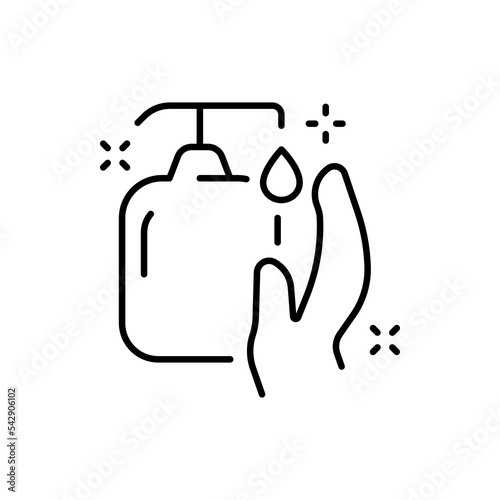Hand hygiene set icon. Antibacterial soap, antiseptic spray, drop, water, splash, quality mark, price tag, dollar, cleanser, detergent. Personal care concept. Vector line icon