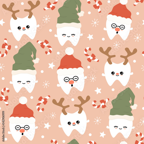 Cute funny cartoon holiday seamless vector pattern background illustration with teeth and christmas elements