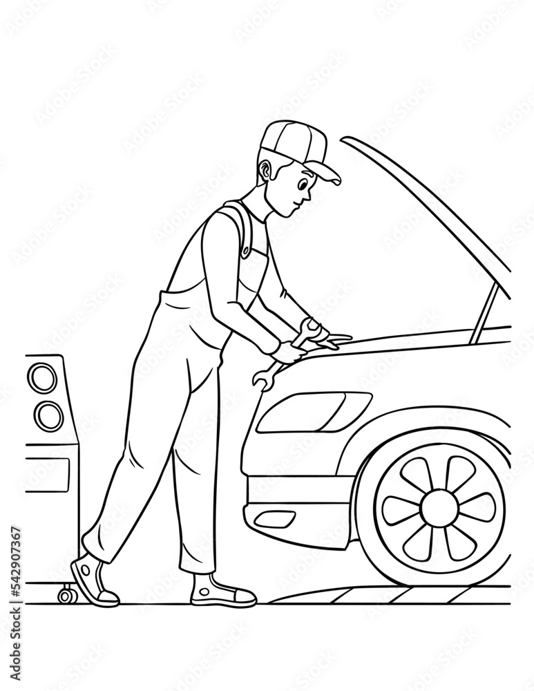 Auto Mechanic Isolated Coloring Page for Kids Stock Vector | Adobe Stock
