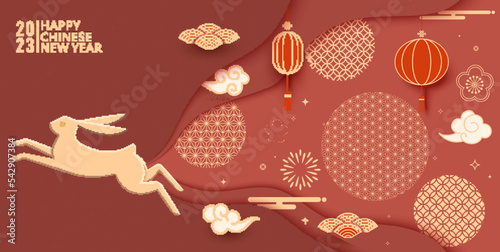 Year of the Rabbit vector illustration with red lanterns and traditional Chinese texture pattern
