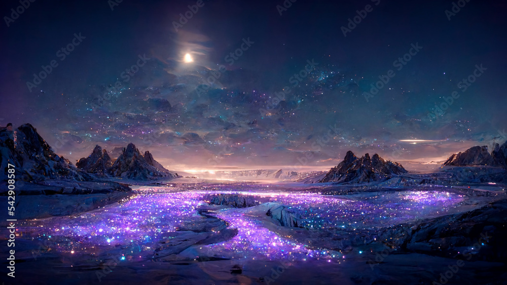 Surrealistic land at night with shiny, iridescent magical crystals. Fantasy game prop, backgound, 