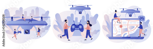 Drone with camera. Drone videography, aerial photography, quadcopter operator, air survey services, drone photo. Modern flat cartoon style. Vector illustration on white background