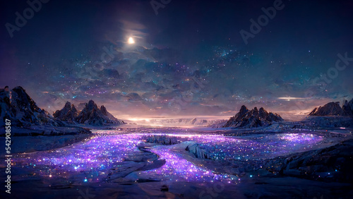 Surrealistic land at night with shiny, iridescent magical crystals. Fantasy game prop, backgound, 