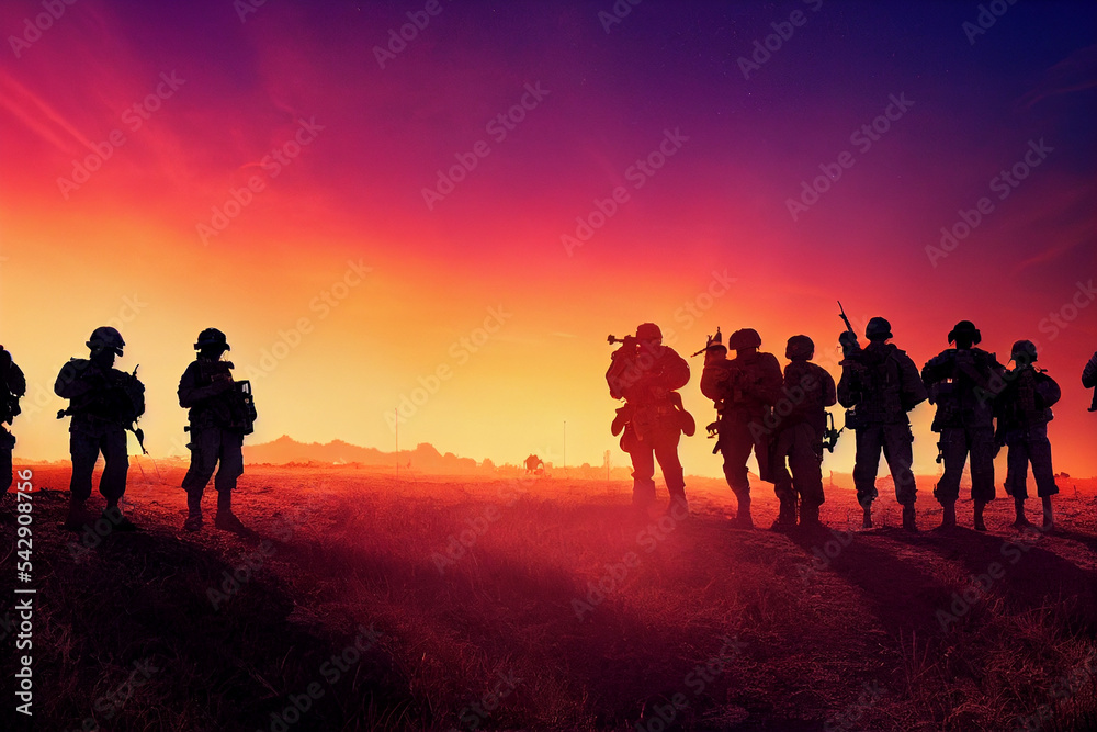  US army special forces in beautiful sunset. 3d illustration