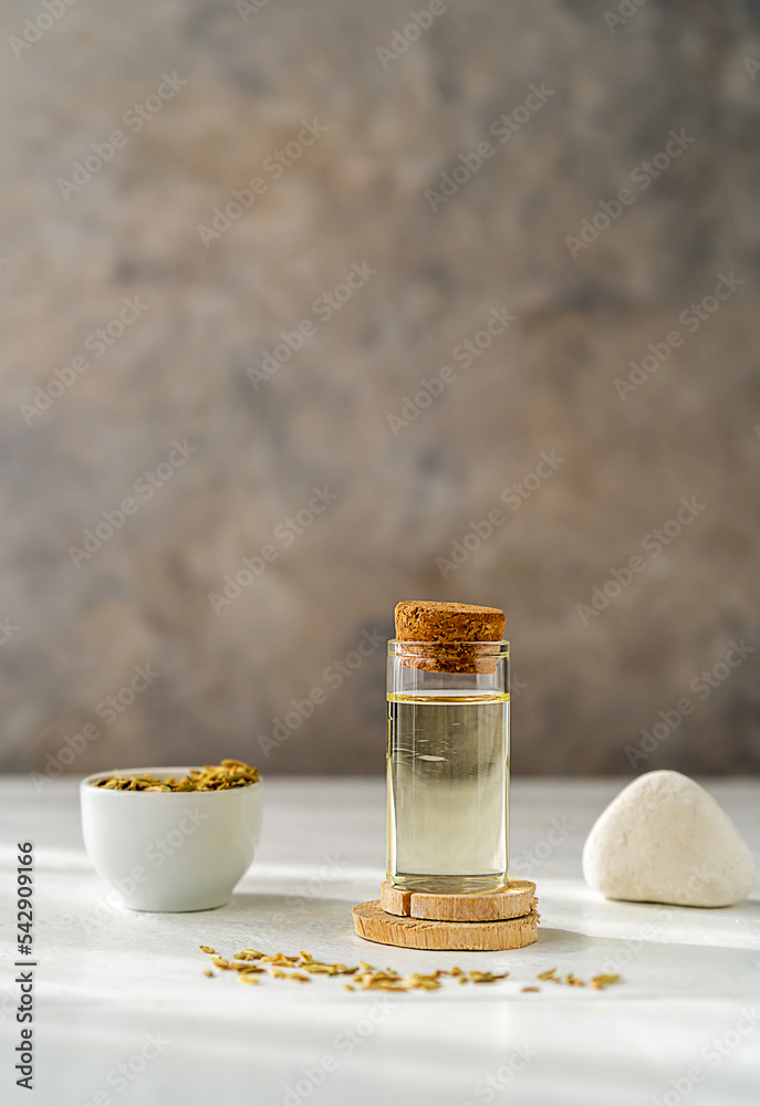 One bottle of essential fennel oil with fennel seeds on white and grey background. Vertical banner with copy space One bottle of essential fennel oil with fennel seeds on white and grey background. Vertical banner with copy space