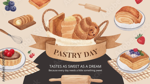Blog banner template with pastry day concept, watercolor style