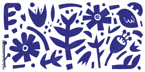 Vetor set of floral cutout elements isolated. Matisse inspired collage paper style. Retro, vintage. Flowers, leaves, geometric forms, shapes