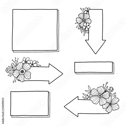 Set for a bullet journal with floral elements. Collection of drawings for a diary, weekly with flowers. A black line on a white background.