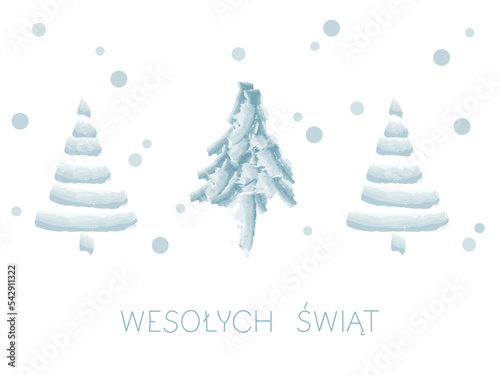 Minimalistic winter greeting card with watercolor New Year Trees and hand lettering Happy Holidays in Polish Wesolych Swiat. Vector Illustration great for winter posters, banners and greetings. 