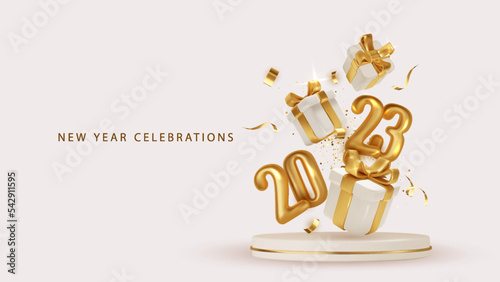 2023 Happy New Year. 3d realistic gift box with Golden metal number fly over the podium. Christmas Poster, banner, cover card, brochure, flyer, layout design