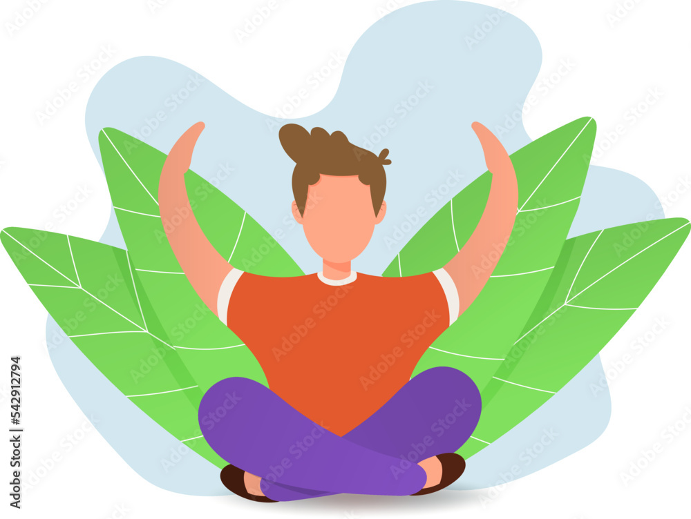 Obraz premium The guy sits with his legs crossed and his hands up. Vector flat style illustration. Yoga classes, peace of mind.