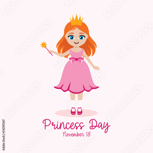National Princess Day vector. Cute little girl in a princess dress icon vector. Happy red hair princess in a pink dress drawing. November 18. Important day