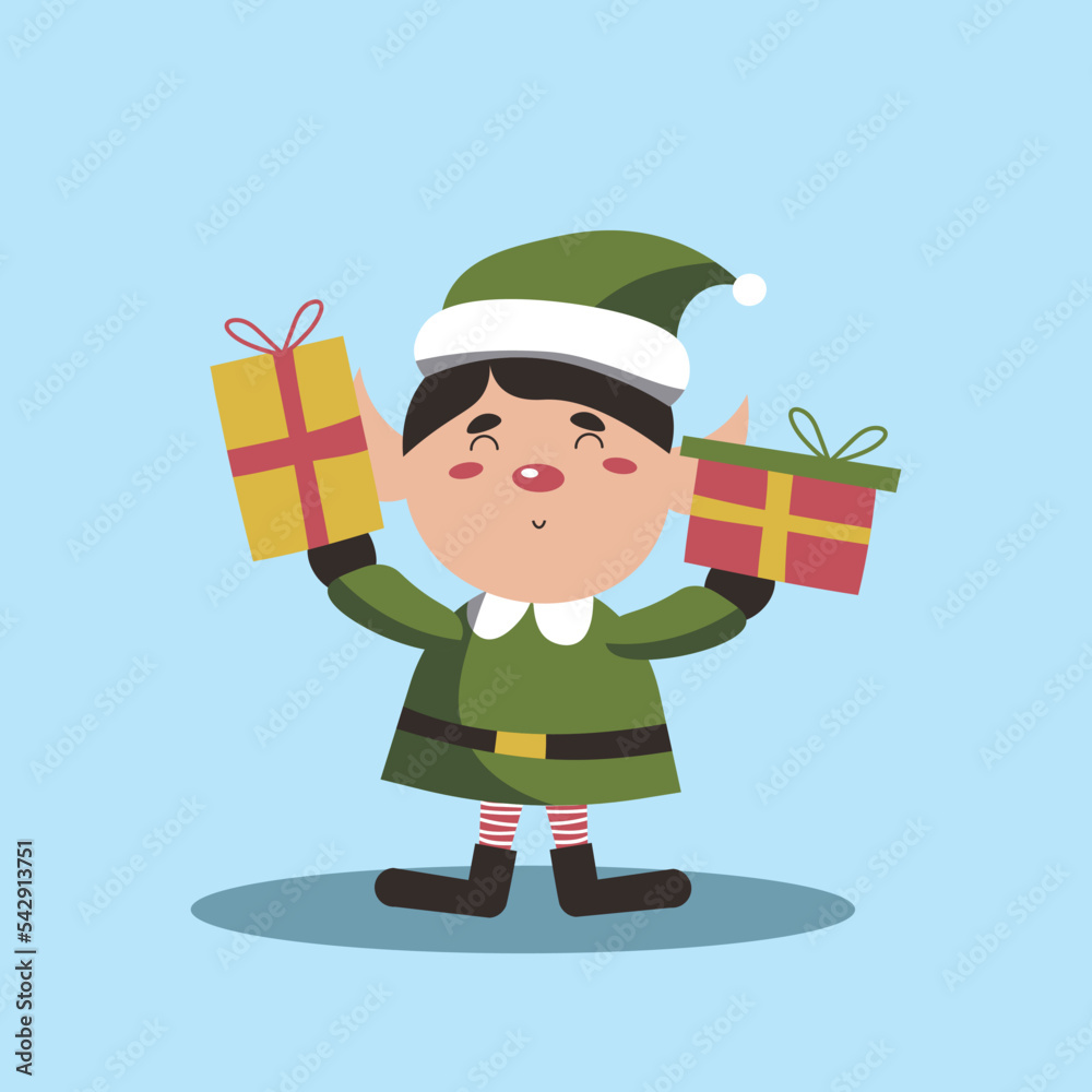 Cute christmas elf holding gifts . Happy childish xmas dwarf demonstrate holiday poster. Flat vector cartoon illustration of joyous santa helper isolated on blue EPS