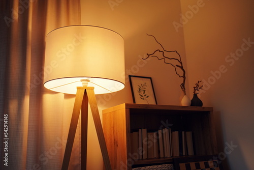 Decorative lamp shade with warm light next to a bookshelf © Thomas