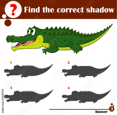 Educational game for children. Find the correct shadow. Cute crocodile