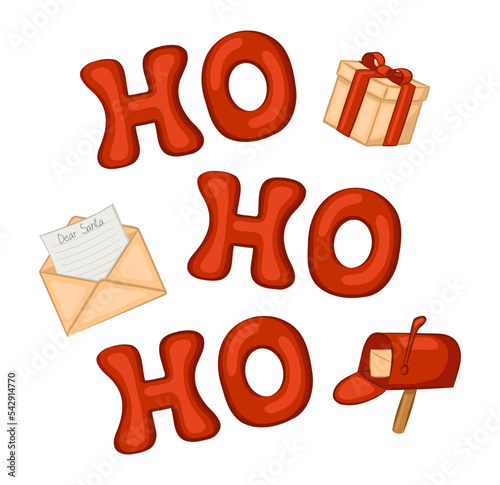 Ho ho ho quote. Traditional Christmas phrase. Letter for Santa, mailbox and gift icons.