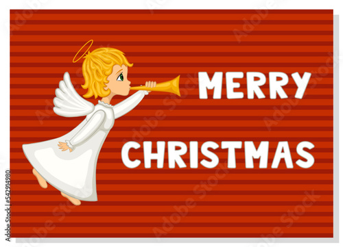 Christmas angel with bugle and Merry Christmas text. Greeting card.