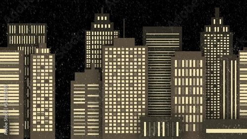 Drawn animated black and white night city with luminous windows