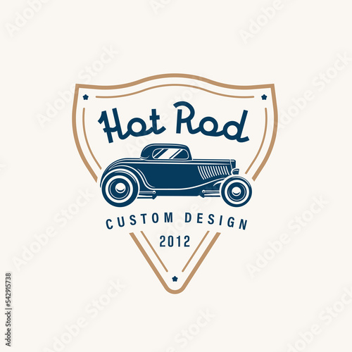 Hot rod car logo template vintage style vector illustration element for badge or label retro design. Classic vehicle silhouette.
